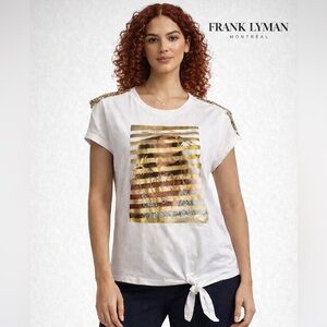 Frank Lyman Montreal White Graphic Tie Front Top Gold Sequin Size S NWOT